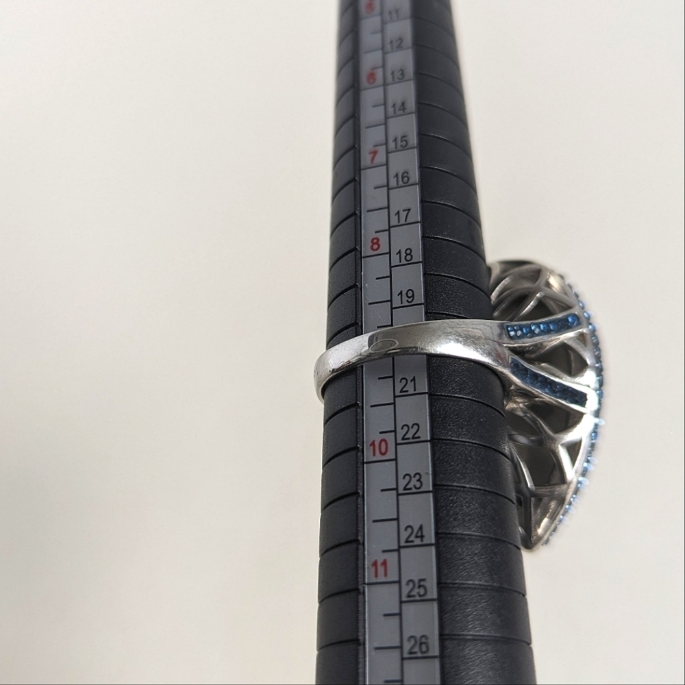 Blue Pear-Shape Facetted Glass Sterling Silver Pave Halo, Shoulders Ring sz9 - Picture 11 of 13